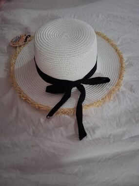 Beachy White Straw Sun Hat with Black Bow and Natural Fringed Brim